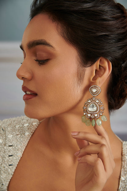 Gold Plated Kundan Polki & Cubic Zirconia Dangler Earrings