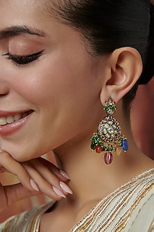 Gold Plated Kundan Polki & Multi-Colored Natural Stone Dangler Earrings