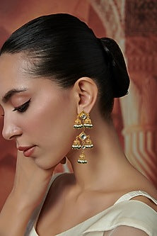 Gold Plated Kundan Polki & Green Onyx Jhumka Earrings