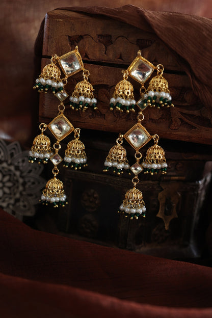 Gold Plated Kundan Polki & Green Onyx Jhumka Earrings