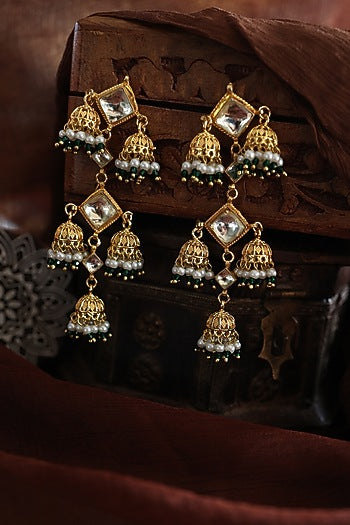 Gold Plated Kundan Polki & Green Onyx Jhumka Earrings
