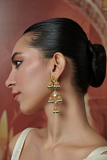 Gold Plated Kundan Polki & Green Onyx Jhumka Earrings