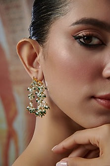 Gold Plated Kundan Polki & Green Hydro Stone Dangler Earrings
