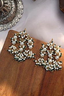Gold Plated Kundan Polki & Green Hydro Stone Dangler Earrings