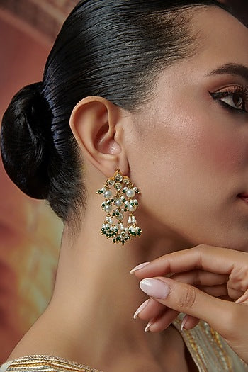 Gold Plated Kundan Polki & Green Hydro Stone Dangler Earrings
