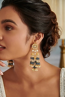 Gold Plated Kundan Polki & Blue Onyx Stone Jhumka Earrings