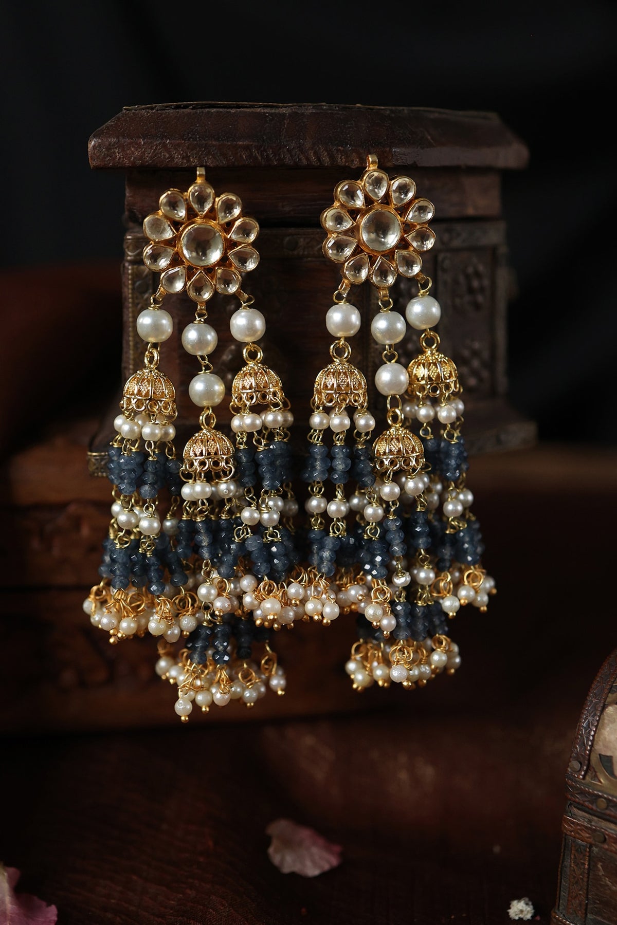 Gold Plated Kundan Polki & Blue Onyx Stone Jhumka Earrings