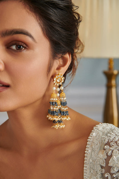 Gold Plated Kundan Polki & Blue Onyx Stone Jhumka Earrings