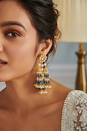 Gold Plated Kundan Polki & Blue Onyx Stone Jhumka Earrings