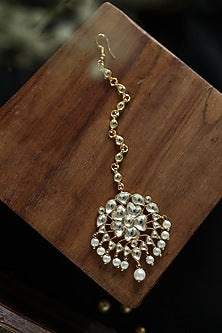 Gold Plated Kundan Polki & Pearl Maangtikka