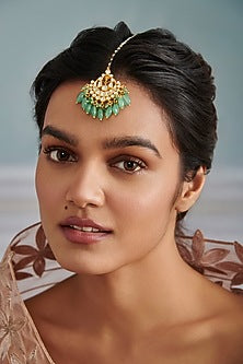 Gold Plated Kundan Polki & Mint Green Jade Stone Maangtikka