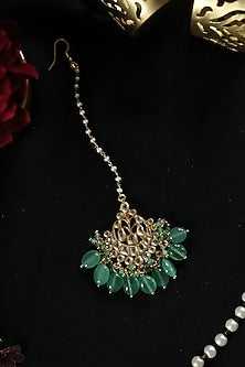 Gold Plated Kundan Polki & Mint Green Jade Stone Maangtikka
