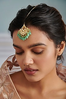 Gold Plated Kundan Polki & Mint Green Jade Stone Maangtikka