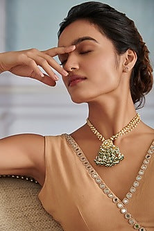 Gold Plated Kundan Polki & Green Hydro Stone Necklace