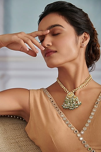 Gold Plated Kundan Polki & Green Hydro Stone Necklace