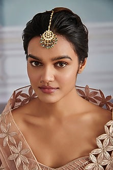 Gold Plated Kundan Polki & Green Semi-Precious Stone Maangtikka