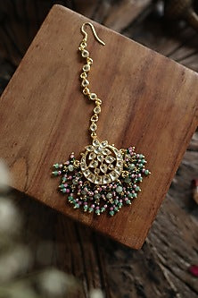 Gold Plated Kundan Polki & Green Semi-Precious Stone Maangtikka