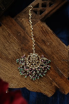 Gold Plated Kundan Polki & Green Semi-Precious Stone Maangtikka