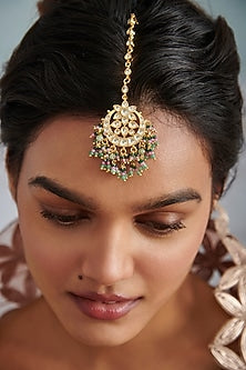 Gold Plated Kundan Polki & Green Semi-Precious Stone Maangtikka