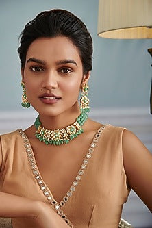 Gold Plated Kundan Polki & Mint Green Jade Stone Necklace Set
