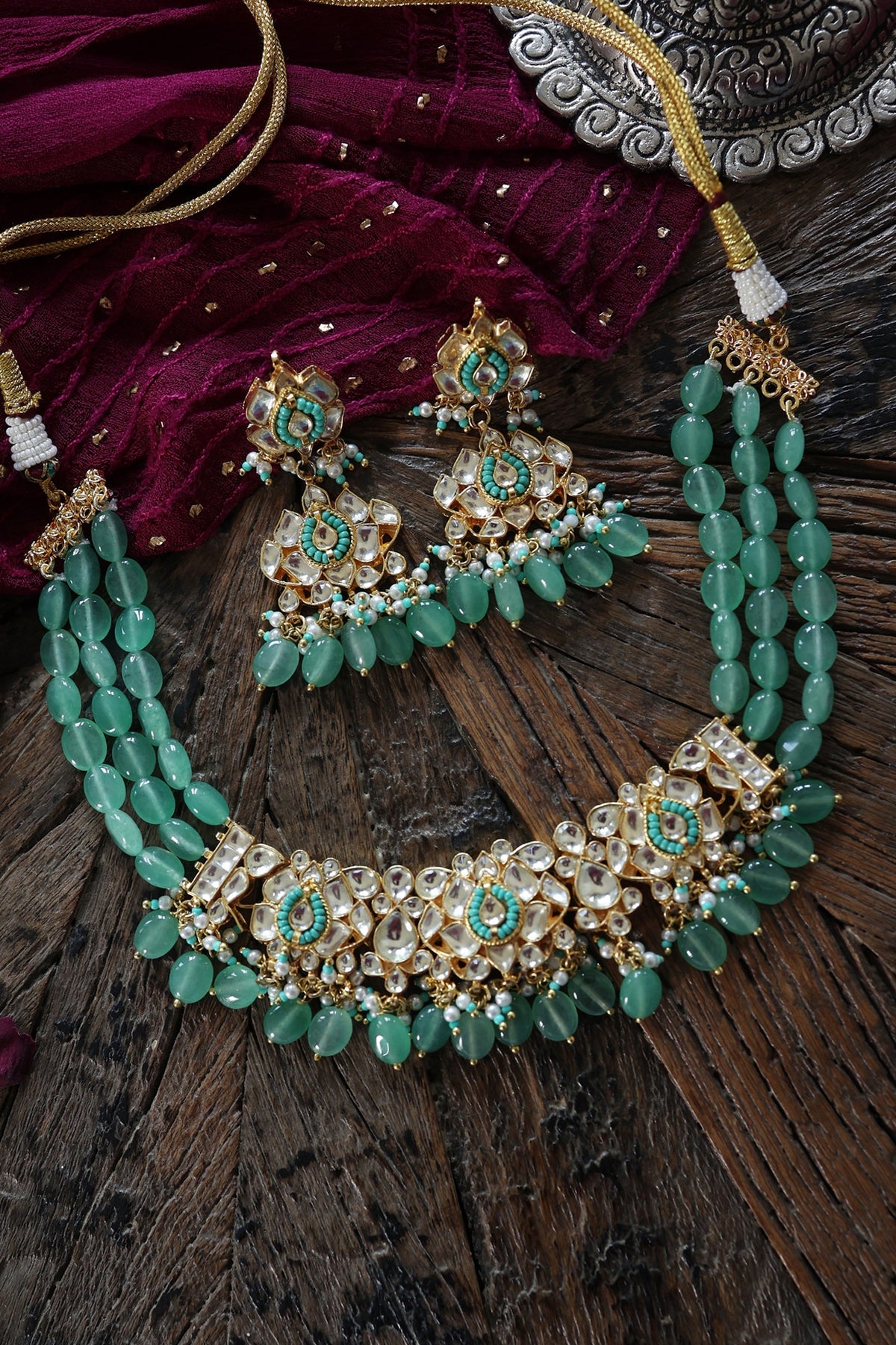 Gold Plated Kundan Polki & Mint Green Jade Stone Necklace Set