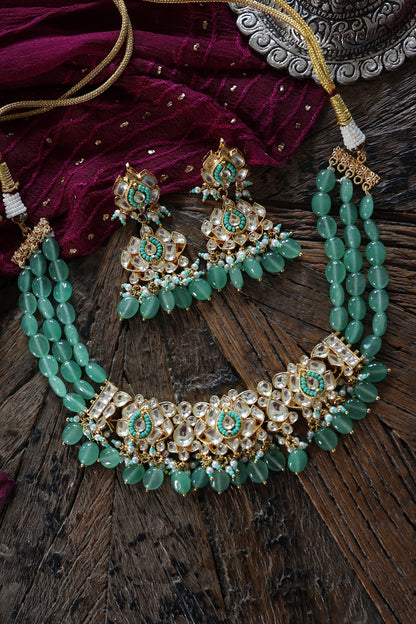 Gold Plated Kundan Polki & Mint Green Jade Stone Necklace Set