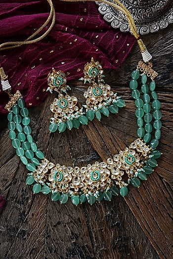 Gold Plated Kundan Polki & Mint Green Jade Stone Necklace Set