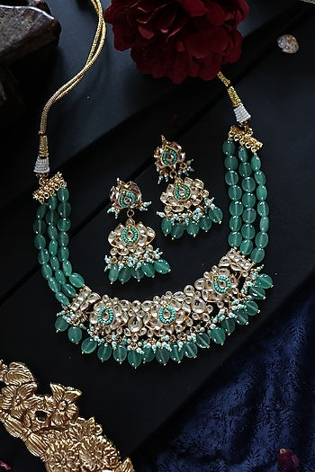 Gold Plated Kundan Polki & Mint Green Jade Stone Necklace Set