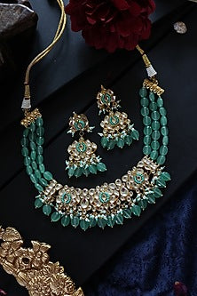 Gold Plated Kundan Polki & Mint Green Jade Stone Necklace Set