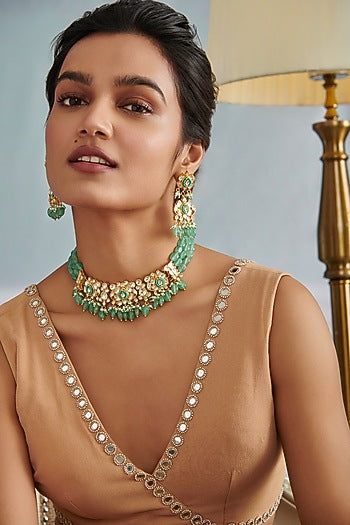 Gold Plated Kundan Polki & Mint Green Jade Stone Necklace Set