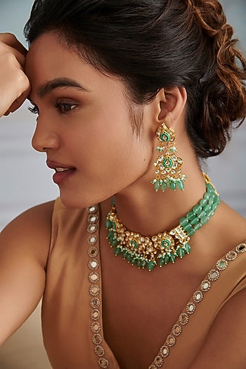 Gold Plated Kundan Polki & Mint Green Jade Stone Necklace Set