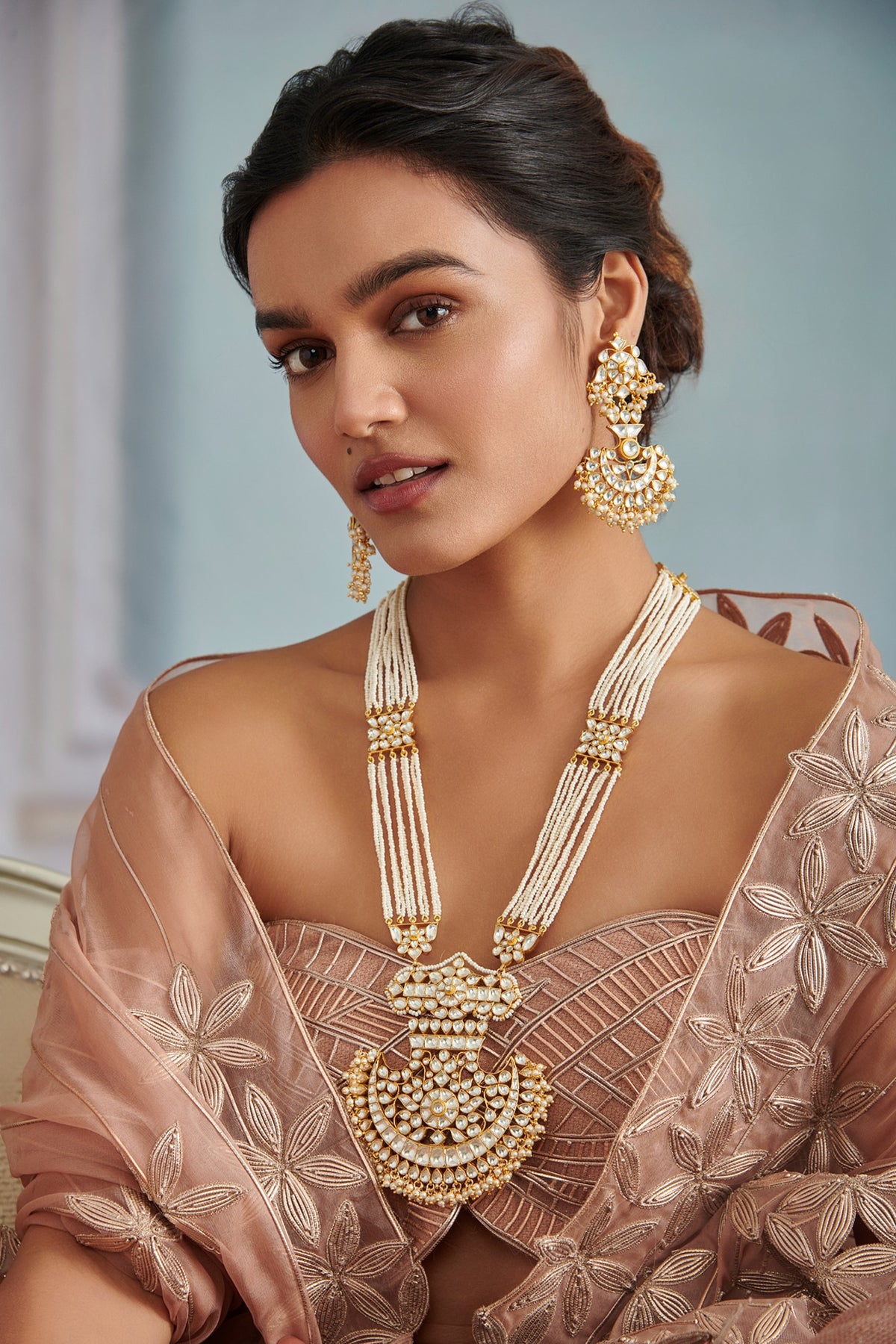 Gold Plated Kundan Polki & Pearl Necklace
