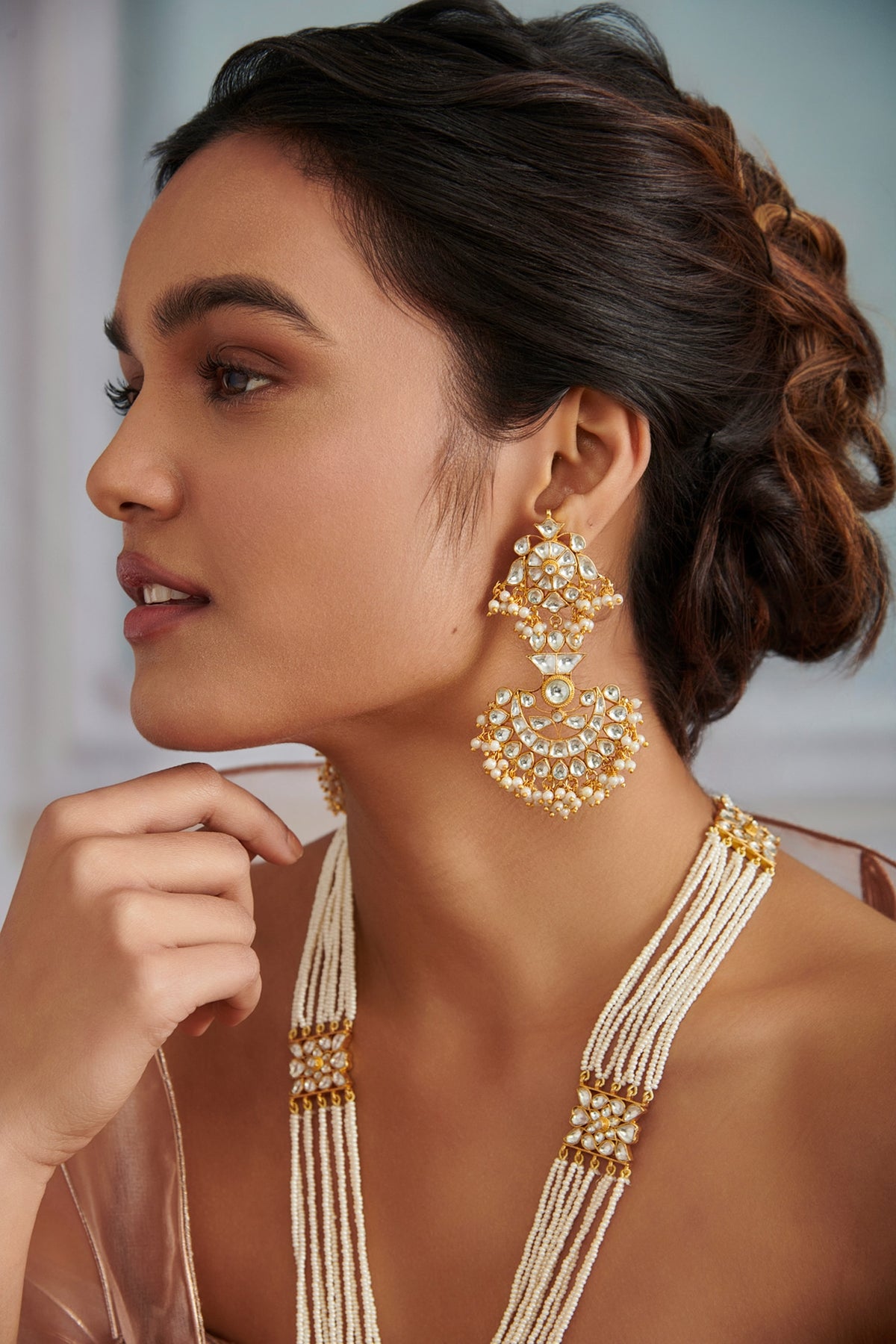 Gold Plated Kundan Polki & Pearl Necklace