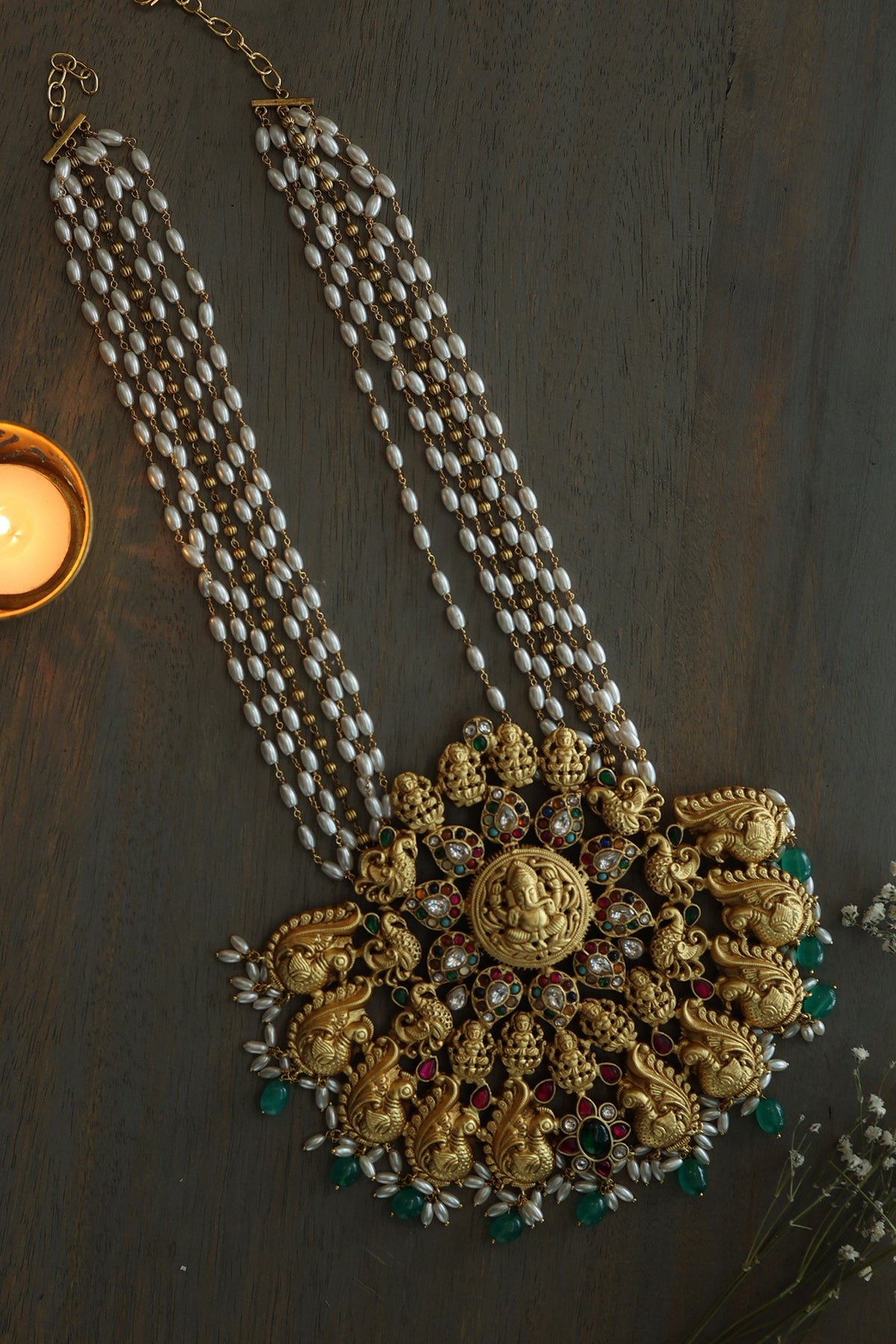 Gold Finish Navratna Stone & Pearl Ganesh Motif Necklace