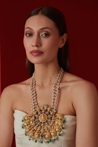 Gold Finish Navratna Stone & Pearl Ganesh Motif Necklace