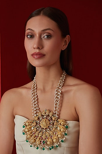 Gold Finish Navratna Stone & Pearl Ganesh Motif Necklace