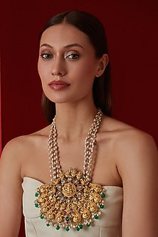Gold Finish Navratna Stone & Pearl Ganesh Motif Necklace