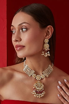 Gold Finish Kundan Polki & Pearl Choker Necklace Set