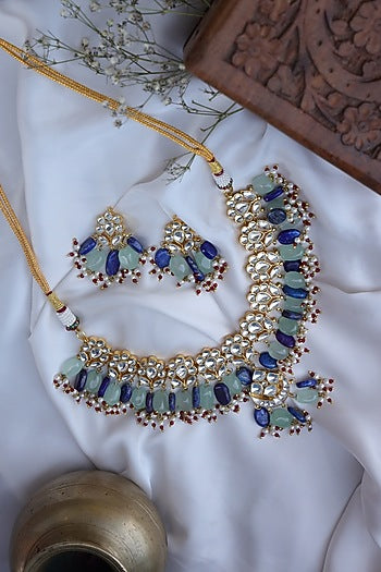 Gold Finish Blue Lapis Lazuli & Mint Natural Stone Choker Necklace Set