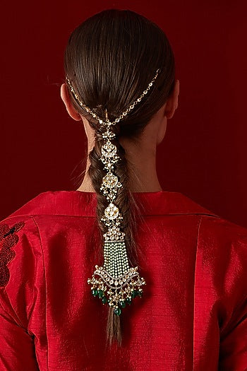 Gold Finish Kundan Polki & Stone Braidpin