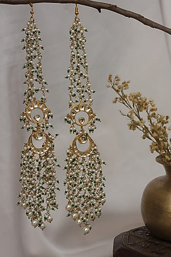 Gold Finish Kundan Polki & Shell Pearl Dangler Earrings