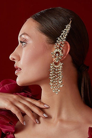 Gold Finish Kundan Polki & Shell Pearl Dangler Earrings