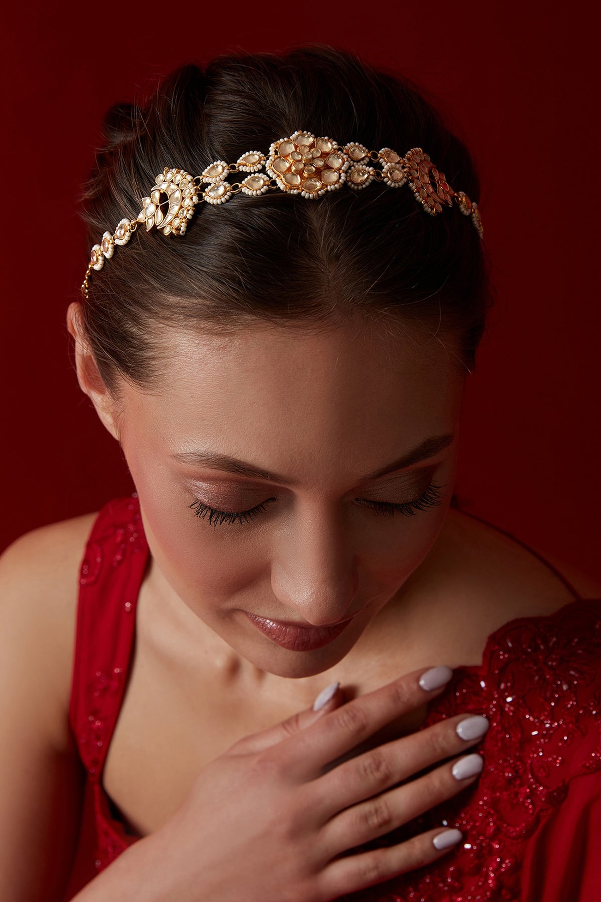 Gold Finish Kundan Polki & Pearl Headband
