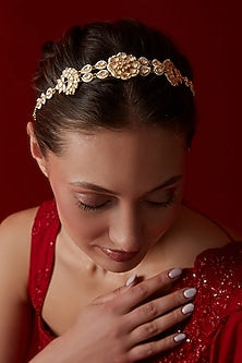 Gold Finish Kundan Polki & Pearl Headband