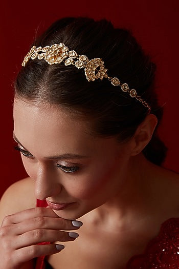 Gold Finish Kundan Polki & Pearl Headband