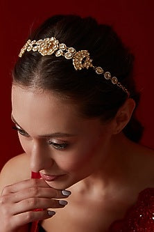 Gold Finish Kundan Polki & Pearl Headband