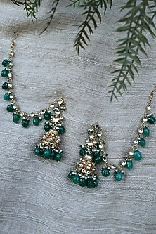 Gold Finish Kundan Polki & Green Stone Dangler Earrings