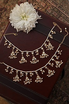 Gold Finish Kundan Polki & Pearl Anklets (Set Of 2)