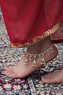 Gold Finish Kundan Polki & Pearl Anklets (Set Of 2)