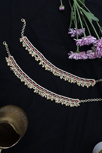 Gold Finish Kundan Polki & Pearl Anklets (Set Of 2)